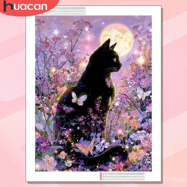 HUACAN Diamant-Mosaik-Kunst Set Katze und Blumen in Schwarz und Multicolour, 5D DIY Set mit runden Steinen - Bild 1