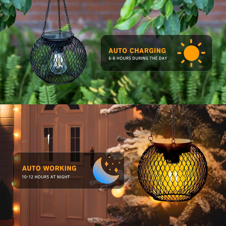 Leclstar Solar-Gartenlaterne aus Metall in Schwarz mit warmweißem LED-Licht, wasserdichte Solarleuchte mit Bewegungssensor und Haken für Garten und Balkon - Bild 1