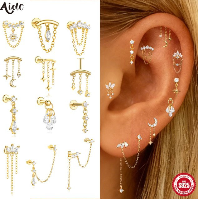 Aide Helix-Kettenohrring, 925 Silber, 18 Karat vergoldet, Sternhänger, Unisex - Bild 1