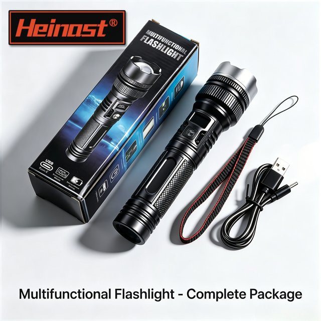 Heinast LED-Taschenlampe mit USB-Ladefunktion, Zoom und Digitalanzeige in Schwarz - Bild 1