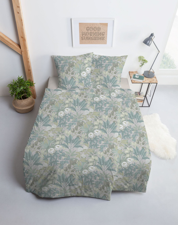 Estella Mako Jersey Bettwäsche Florentin Blütenmeer grau grün mit Bettbezug 135 x 200 cm und Kissenbezug 80 x 80 cm - Bild 1