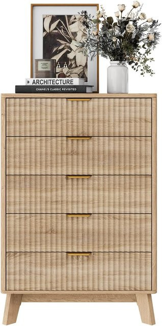 PXloue Kommode mit 5 Schubladen in Holzoptik und goldenen Metallgriffen, Modern Nordisch, B/T/H: 73 x 40 x 108 cm - Bild 1