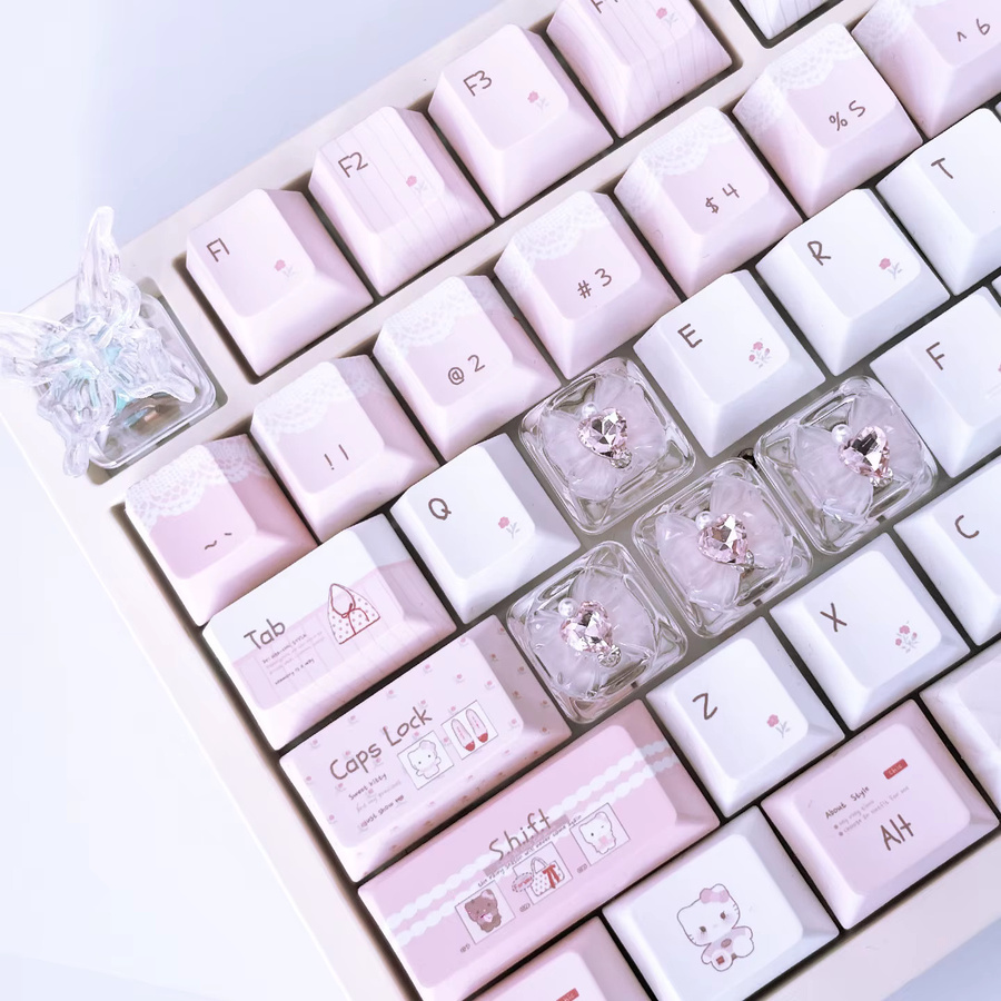 Sanrio Schmetterlings-Tastenkappen Set aus 4 Stück, pink und transparent, bogenförmige DIY-Tastenkappen für mechanische Tastaturen mit Hintergrundbeleuchtung - Bild 2