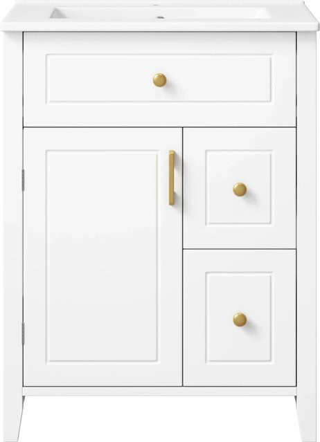 Merax Waschtischunterschrank mit Keramik Waschbecken in Weiß und Gold, modern mit Soft-Close-Türen und Schubladen, Breite: 61 cm, Höhe: 87 cm, Tiefe: 47 cm - Bild 1