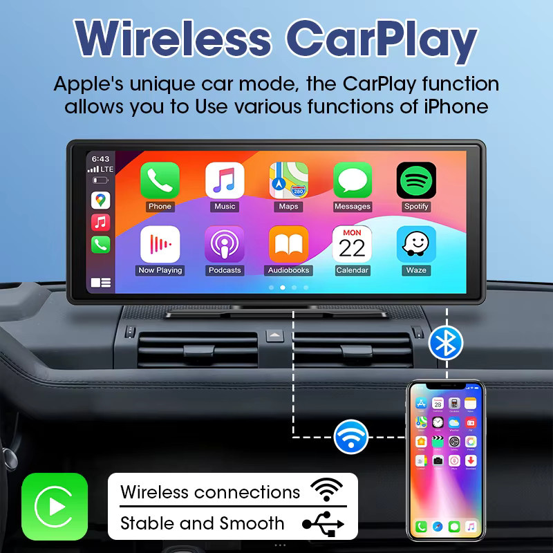 JMCQ Tragbarer 10,26 Zoll Wireless Carplay Multimedia-Videoplayer mit Android Auto, Bluetooth, FM und AUX in Schwarz - Bild 2
