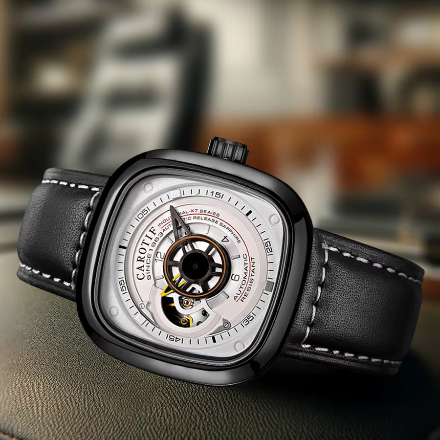 CAROTIF Armbanduhr, Automatik, eckig, Leder, Schwarz, Weiß, Herren - Bild 4