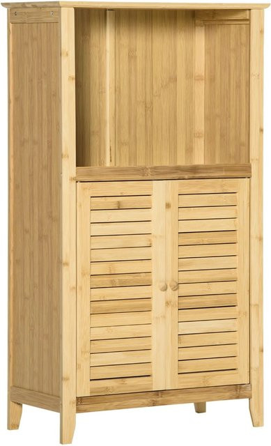 HOMCOM Badschrank aus Bambus mit 2 Lamellentüren und offenen Regalfächern, Farbe: Natur/Beige/Braun, B/T/H: 25,5 x 50,0 x 92,0 cm - Bild 1