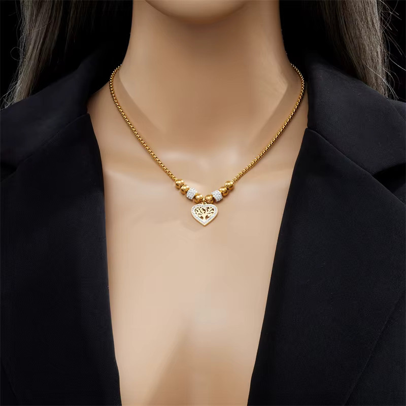 DIEYURO Halskette Edelstahl, Herzförmiger Baum Anhänger, Perle, Zirkonia, Damen, Gold - Bild 3