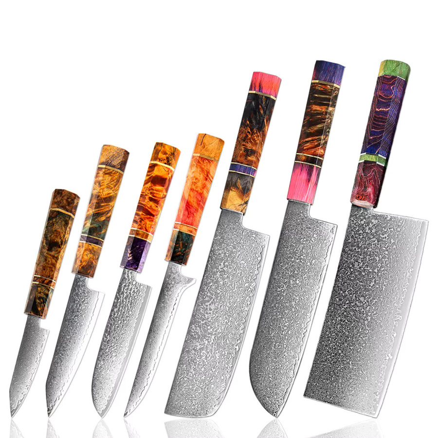 XITUO 7-teiliges Küchenmesser-Set aus Damaszener Stahl in Multicolour mit stabilen achteckigen Holzgriffen inklusive Santoku, Hackmesser, Schälmesser, Brotmesser, Ausbeinmesser und Kochmesser - Bild 5