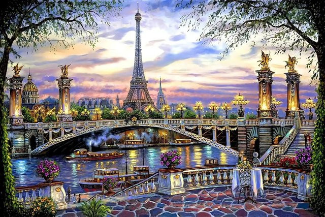 Eiffelturm und Pariser Brücke mit Seine-Fluss-Stadtlandschaft, Puzzle, 500 Teile - Bild 1