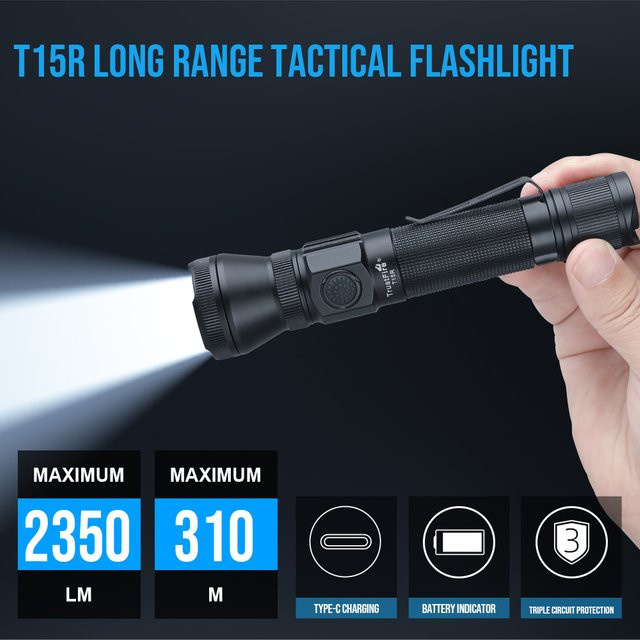 Trustfire T15R Armee Taktische Taschenlampe, 2350 Lumen, Schwarz, USB Typ C aufladbar mit 18650 LED - Bild 1