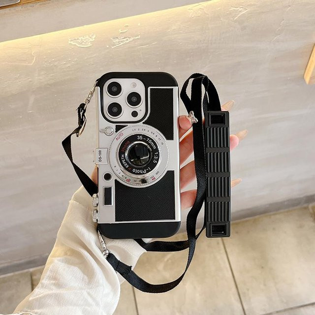 Stoßfeste Handyhülle mit Lanyard von Rui Di für iPhone 16 Pro Max 15 14 13 12 11 in Schwarz aus TPU und hartem PC mit Kamera-Design - Bild 1