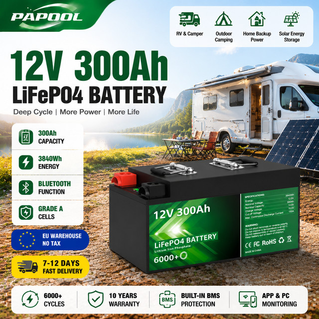 PAPOOL LiFePO4 12V 300Ah 3,84kWh Lithium-Batterie mit Bluetooth BMS und Grade-A-Zellen in Schwarz - Bild 1