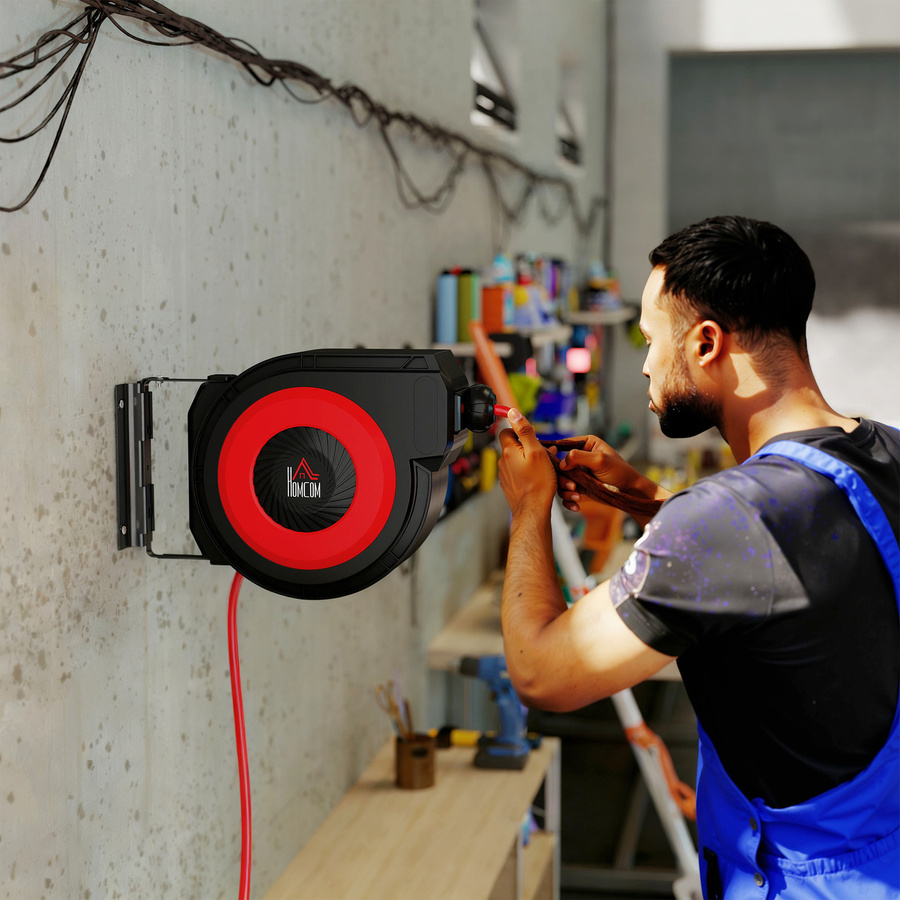 HOMCOM Automatik Druckluftschlauchtrommel mit 15m+1,5m Schlauch, 1/4 Zoll Schnellanschluss und 180 Grad Drehgelenk, Rot-Schwarz - Bild 2