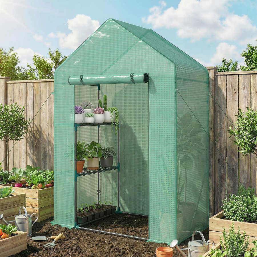 Outsunny Garten-Gewächshaus mit aufrollbarer Tür und 2 Ablageböden, Grün, B/T/H: 143 x 73 x 195 cm - Bild 2