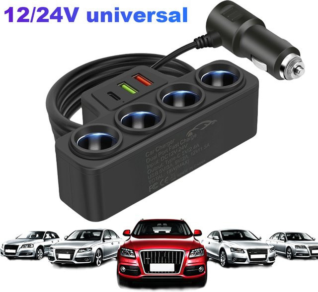 MOJOYCE 4-in-1 USB Typ-C Auto-Zigarettenanzünder-Verteiler 120W Schnellladegerät in Schwarz für 12V 24V Fahrzeuge, geeignet für Telefon, GPS und Dashcam - Bild 1