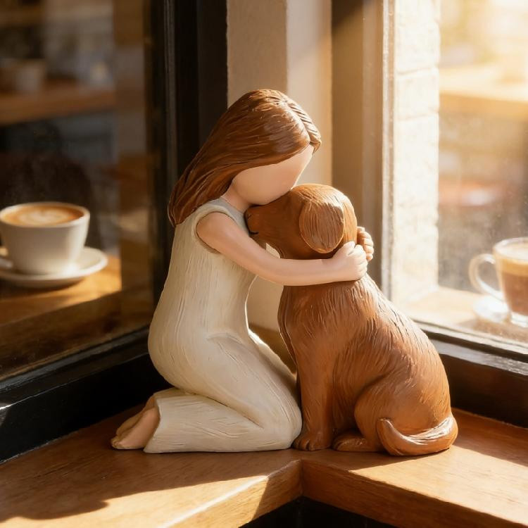 Detaillierte Miniaturskulptur Mädchen und Hund aus Harz in Braun als Wohnaccessoire für Hundeliebhaber - Bild 4
