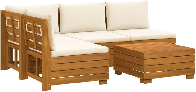 vidaXL Outdoor-Sofagarnitur aus Massivholz Akazie in Braun mit Kissen und Tisch, L-Form - Bild 1