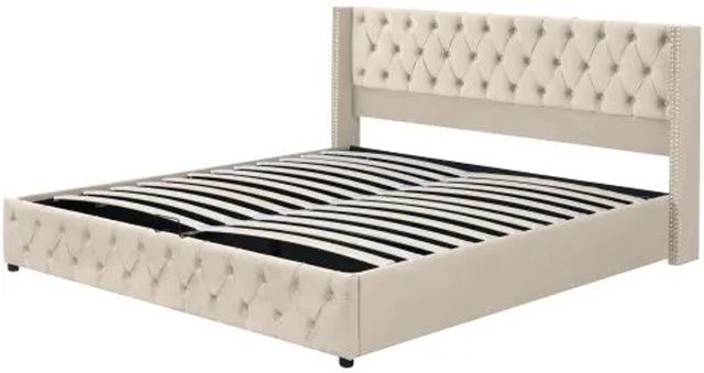 KOMHTOM Gepolstertes Doppelbett im Chesterfield-Stil mit Rautensteppung und Lift-up-Funktion, Farbe: Beige, B/T/H: 180 x 200 x 109 cm - Bild 1