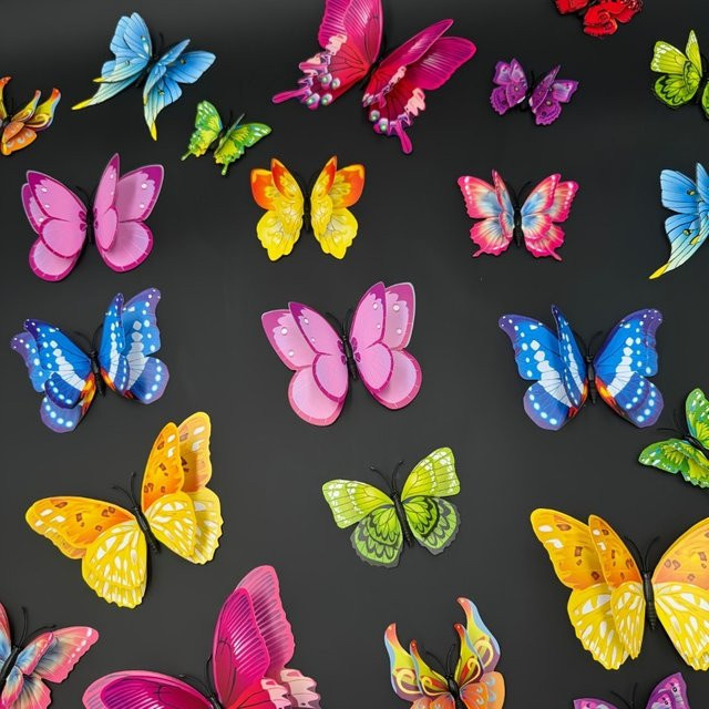 SHISHI 3D Schmetterling Wandsticker Set mit Doppel-Layer Effekt in Grün und Multicolour, 12 Stück zur DIY Wanddekoration für Wohnzimmer, Hochzeit oder Kinderzimmer - Bild 1