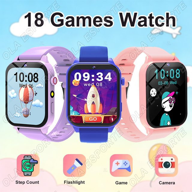 Ola Esporte Smartwatch für Kinder mit 1,83 Zoll Display, 18 Spielen, Schlafmonitor und Kamera in Lila - Bild 1
