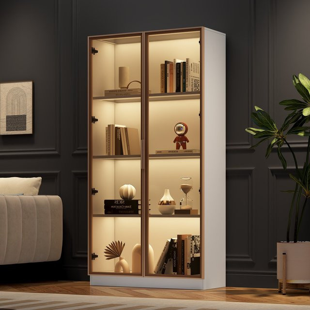 Aosom Glasvitrine Weiß mit 16-farbiger LED-Beleuchtung, doppeltürig und verstellbaren Einlegeböden, B/T/H: 80 x 40 x 160 cm - Bild 1