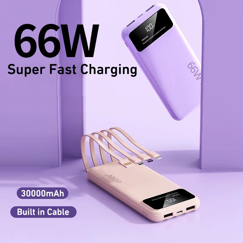 Tragbare Digitale Powerbank mit 30000 mAh und 4 integrierten Kabeln, 66 W Super Schnellladefunktion, Farbe: Lila, kompatibel mit Xiaomi, iPhone und Samsung - Bild 5
