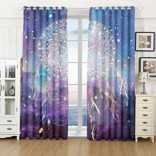 Yiran Furniture Traumfänger Fenster Vorhänge mit Feder- und Anker-Motiv, 2er-Set, halbtransparent, Polyester, Multicolour, B: 50 cm, H: 130 cm - Bild 1