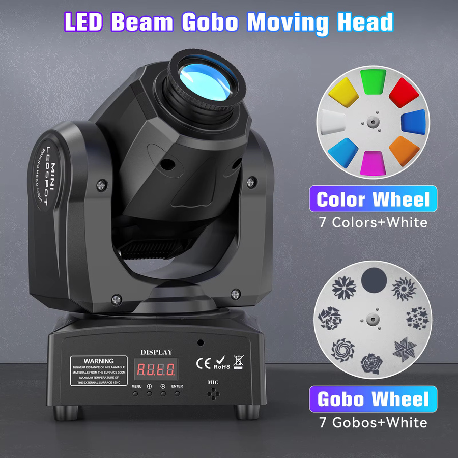 U'King LED Moving Head Mini Spot 120W mit Gobos, RGB-Effekten, Fernbedienung und DMX512, Schwarz - Bild 2