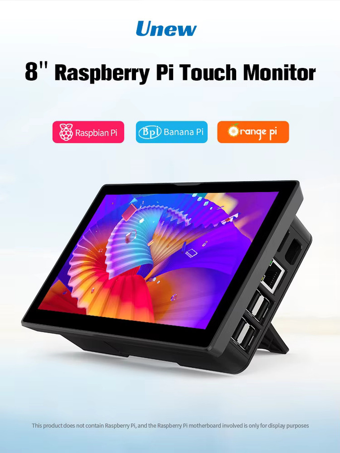Unew 8-Zoll Touchscreen-Monitor für Raspberry Pi 5/4/3 mit 1280x800 LCD, HDMI und USB, Schwarz, inklusive integriertem Lüfter und Lautsprechern - Bild 7