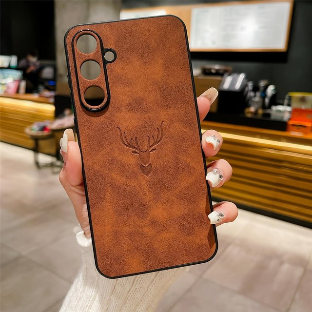 Kunstleder Handyhülle mit Cartoon-Hirschkopf für Samsung Galaxy S23 FE in Braun mit matter Rückseite - Bild 1