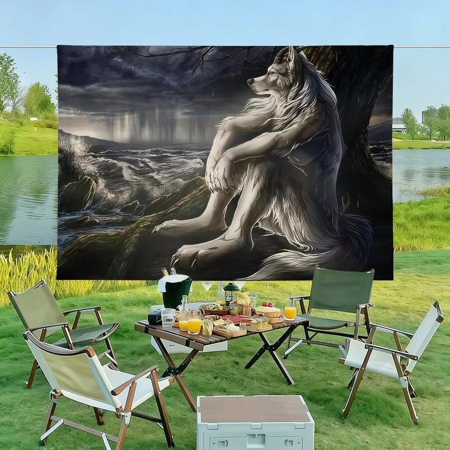 Emo White Wolf Sitting Meme Flagge von Warner Bros. in Weiß als Wandkunst und Dekoration für Innenbereich und Outdoor - Bild 4