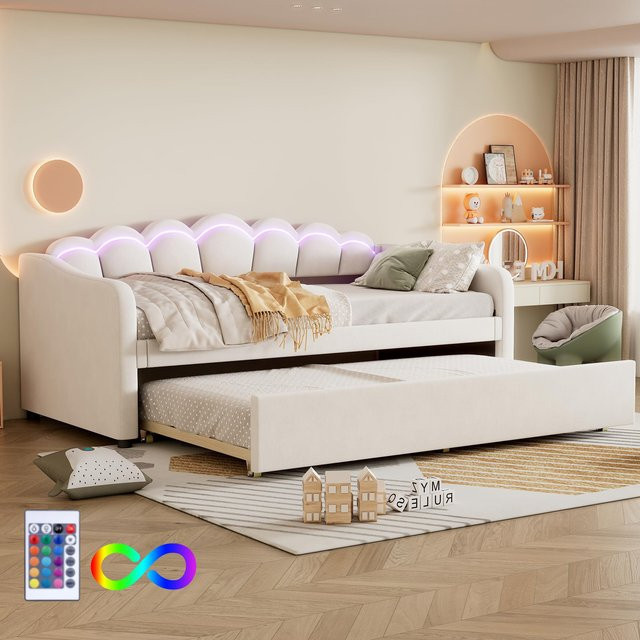 Flieks Schlafsofa Polsterbett aus Samt in Beige mit LED-Licht und Rollen, minimalistisches Gästebett für Kinder und Jugendliche, B/T/H: 213 x 99 x 87 cm - Bild 1