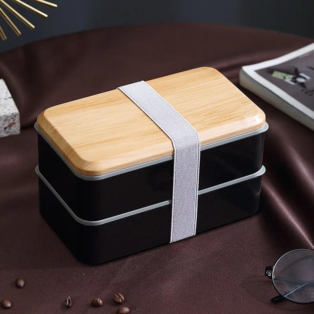 Yiran Furniture Bento-Box Lunchbox mit Holzmaserung in Schwarz, doppellagig, auslaufsicher und mikrowellengeeignet - Bild 1
