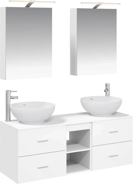 vidaXL Badezimmermöbel-Set 5-teilig in Weiß, modern mit Glas, LED-Beleuchtung, Spiegelschrank, Wandschrank und Waschtischunterschrank - Bild 1
