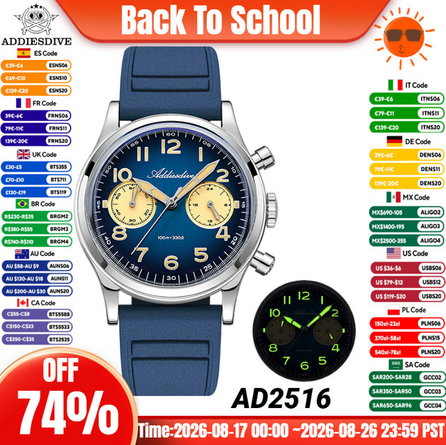 ADDIESDIVE Chronograph, Quarz, Edelstahl, Silber, Blau, Herren - Bild 1