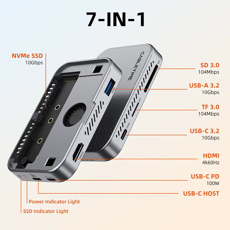 CABLETIME 7 in 1 USB C Hub mit NVMe SSD Unterstützung und magnetischer Befestigung für iPhone 17, inklusive SD/TF 3.0 und 4K ProRes Videoaufzeichnung - Bild 3