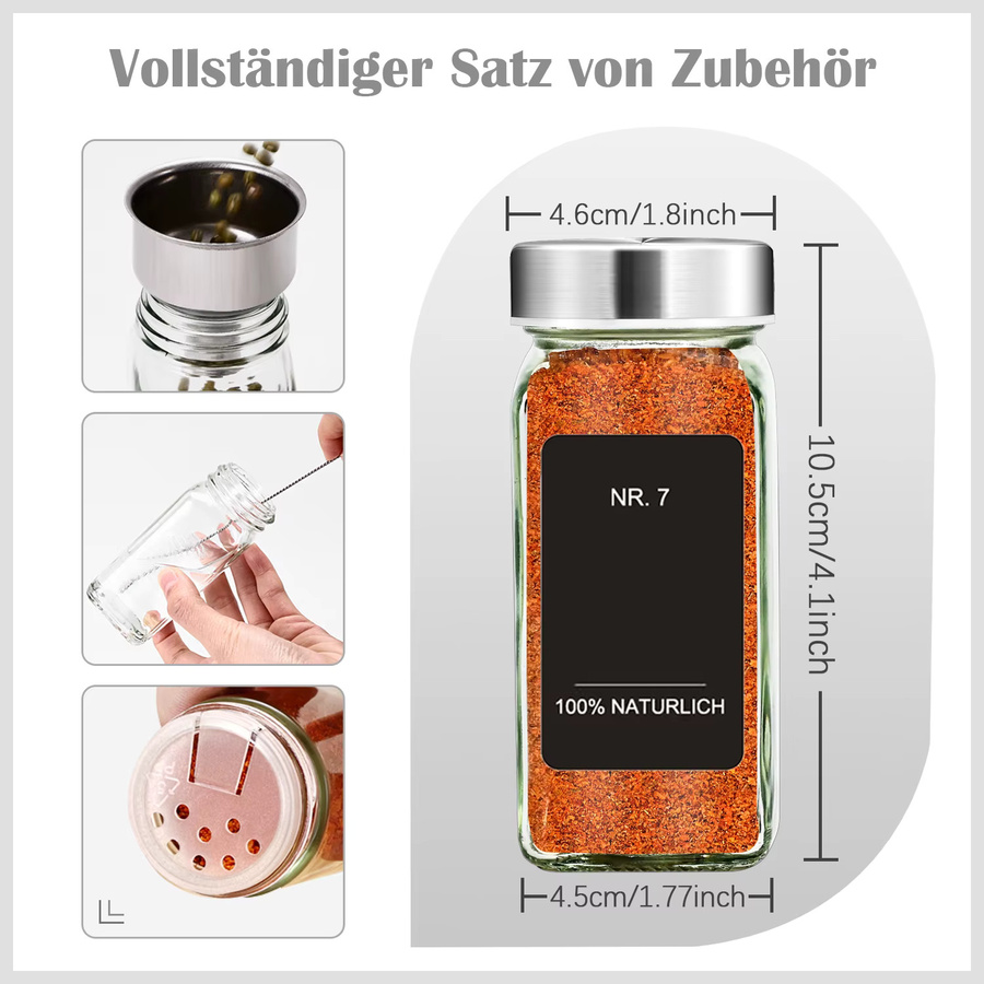 SIAZIH Gewürzglas-Set aus Glas mit Edelstahldeckel, quadratische Gewürzbehälter in Transparent, 35 Stück, Volumen: 120 ml pro Glas, inklusive Trichter und Etiketten - Bild 3