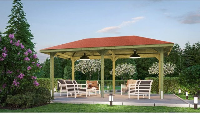 Weka Pavillon Gartenoase 651 B Sparset aus Massivholz mit Satteldach und Dachschindeln in Braun, B: 584 cm, T: 333 cm, H: 291 cm - Bild 1