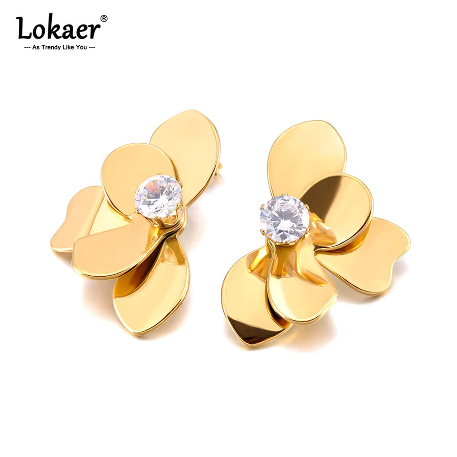 Lokaer Ohrstecker Edelstahl, vergoldet, CZ-Zirkon, Blumenmuster, Damen - Bild 2