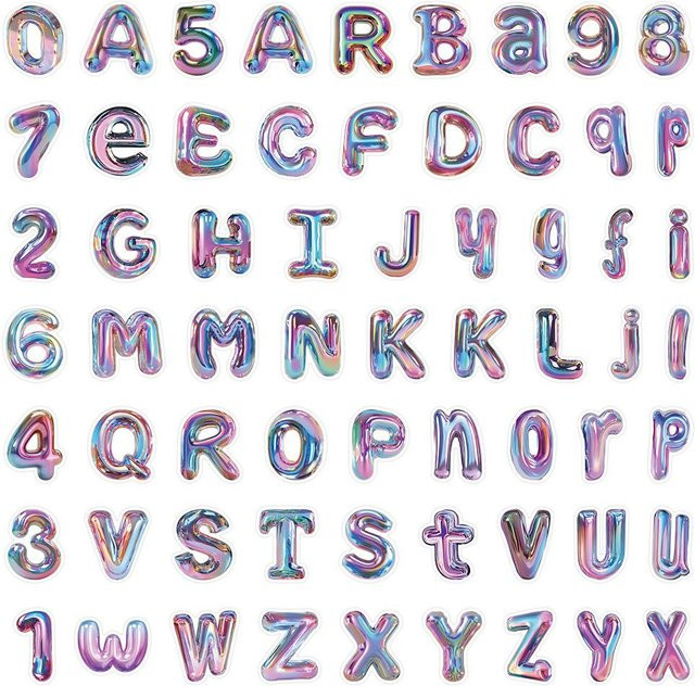 63 Stück 3D Glänzende Alphabet und Zahlen Aufkleber in Multicolour von Story Store für DIY Basteldekoration und Laptop-Verzierung - Bild 1