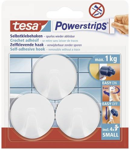TESA Powerstrips Selbstklebehaken Rund in Weiß, 3 Stück mit 4 Powerstrips Large - Bild 1