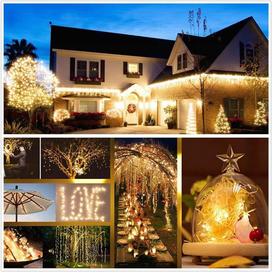 HappyhomeEE Solarbetriebene LED Lichterkette mit 100 LEDs in Warmweiß und Kupferdraht, 8 Modi für Garten, Terrasse, Hochzeit und Weihnachtsdekoration - Bild 2