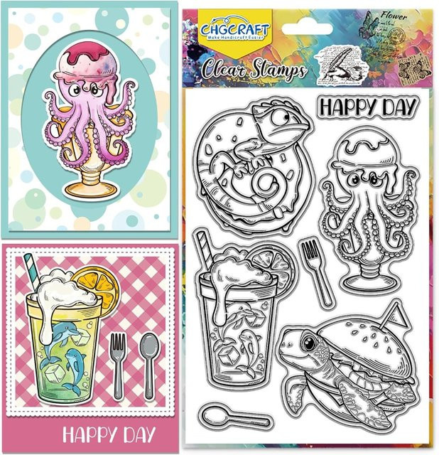 Transparente Stempel mit Meerestieren für DIY-Kartenherstellung, Set mit Schildkröten und Oktopussen, Farbe: Transparent - Bild 1