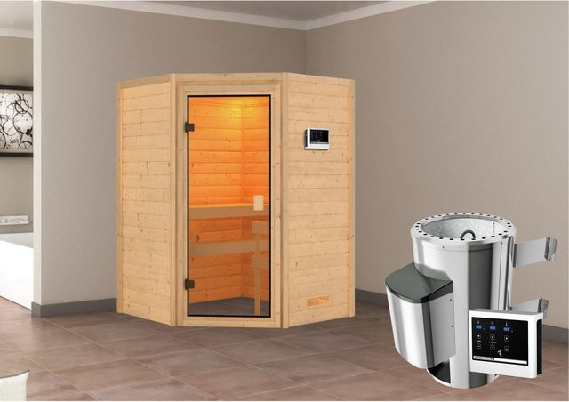 Karibu Massivholzsauna Antonia aus Fichte mit 3,6 kW Ofen und externem Steuergerät, Farbe Bronze/Braun, B/T/H: 145 x 145 x 187 cm - Bild 1
