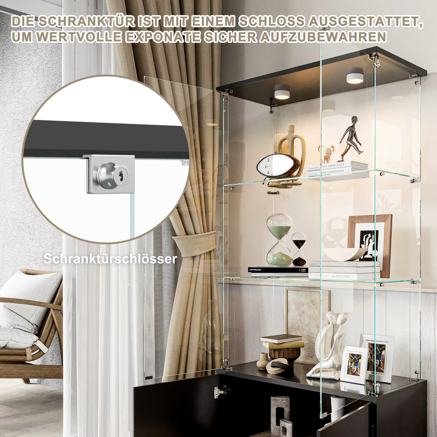 Simurq Glasvitrine in Schwarz mit LED-Beleuchtung, 4 Glastüren und abschließbarem Aufbewahrungsschrank, B/T/H: 35 x 78,51 x 164 cm - Bild 4