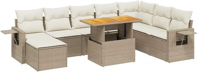 vidaXL 9-tlg. Garten-Sofagarnitur aus Poly-Rattan und Akazienholz in Beige mit Kissen - Bild 1
