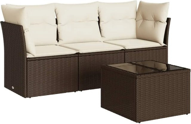 vidaXL Garten-Sofagarnitur aus Poly-Rattan in Braun mit L-Form, 4-teiliges Set inklusive Tisch, Ecksofas und Mittelsofa mit integriertem Stauraum sowie Kissen - Bild 1