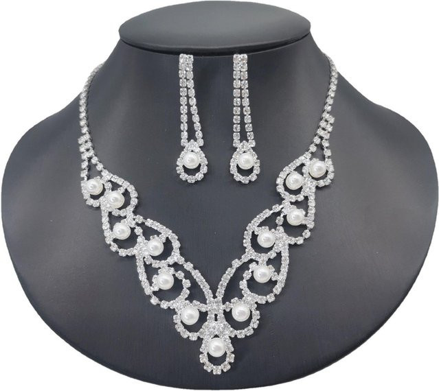 Schmuck-Set Perlenkette, Ohrringe, Weiß, Kupfer, Perle, Zirkonia, Damen - Bild 1