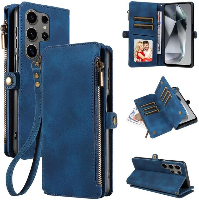 Leder Handyhülle mit Reißverschluss und Riemen für Samsung Galaxy S26 S25 S24 S23 S22 S21 Ultra Plus FE in Blau - Bild 1